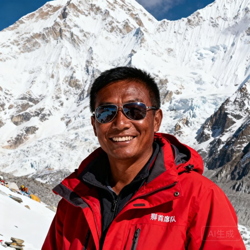 彩神首席领队何远山的半身近照，他身穿红色冲锋衣，戴着墨镜站在雪山前，皮肤黝黑笑容自信
