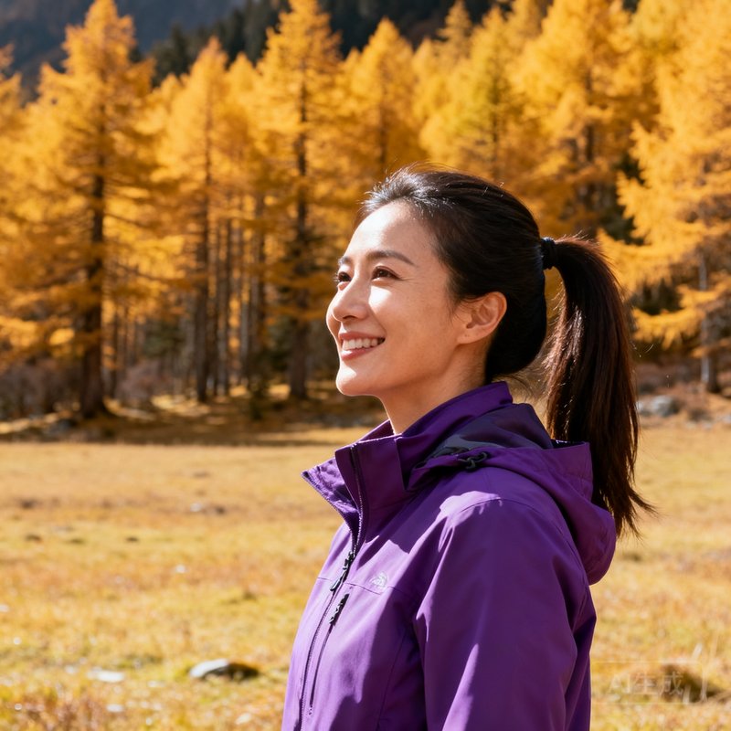 女性领队林薇在川西高原的秋季草甸上侧身微笑，她扎着马尾辫，身穿紫色软壳冲锋衣，背景是金黄的落叶松林